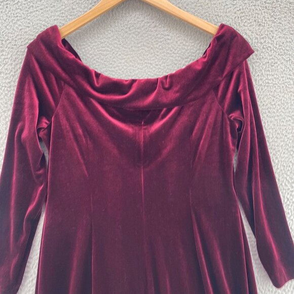Calvin Klein Dress Womens 16 Burgundy Velveteen Off Shoulder Long Sleeve Knee - Picture 4 of 9